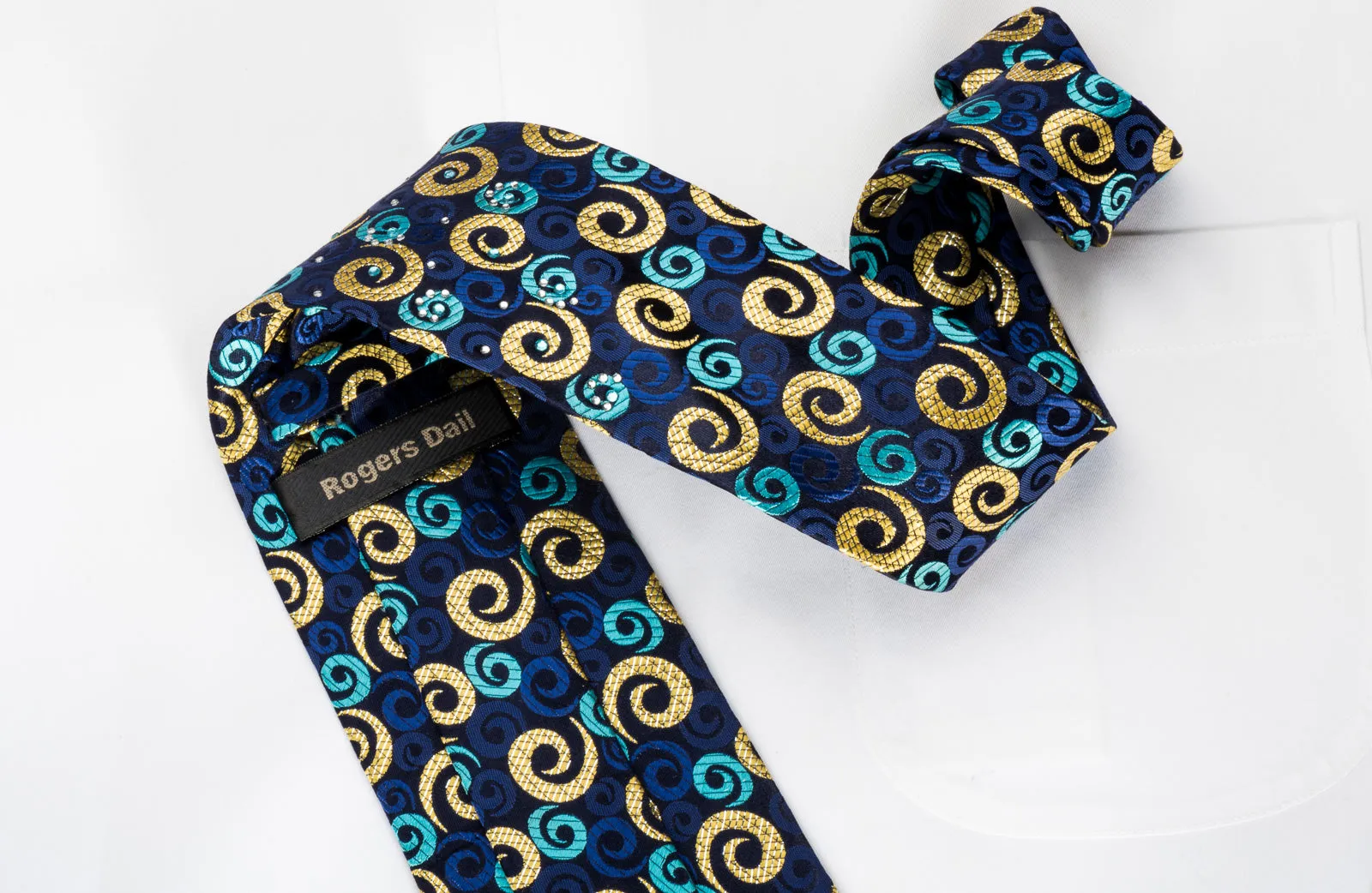 Rogers Dail Men's Silk Necktie Spirals On Blue With Rhinestones & Sparkles