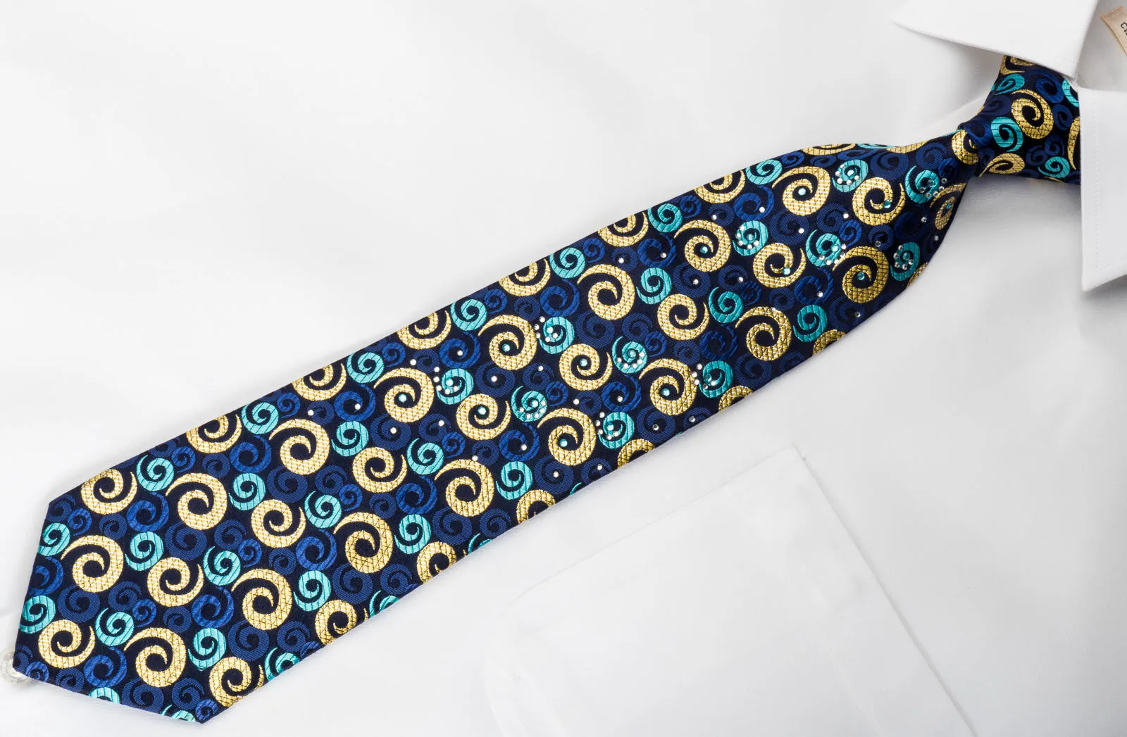 Rogers Dail Men's Silk Necktie Spirals On Blue With Rhinestones & Sparkles