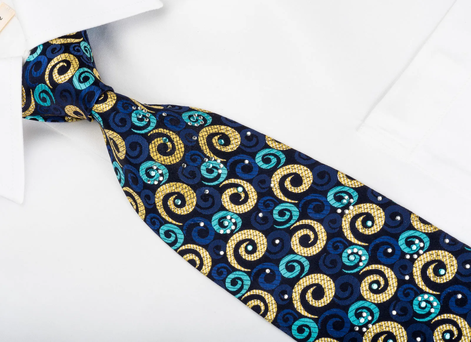 Rogers Dail Men's Silk Necktie Spirals On Blue With Rhinestones & Sparkles