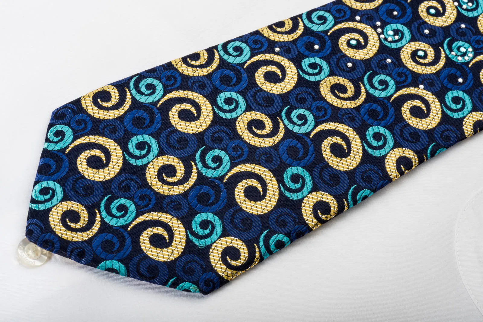 Rogers Dail Men's Silk Necktie Spirals On Blue With Rhinestones & Sparkles