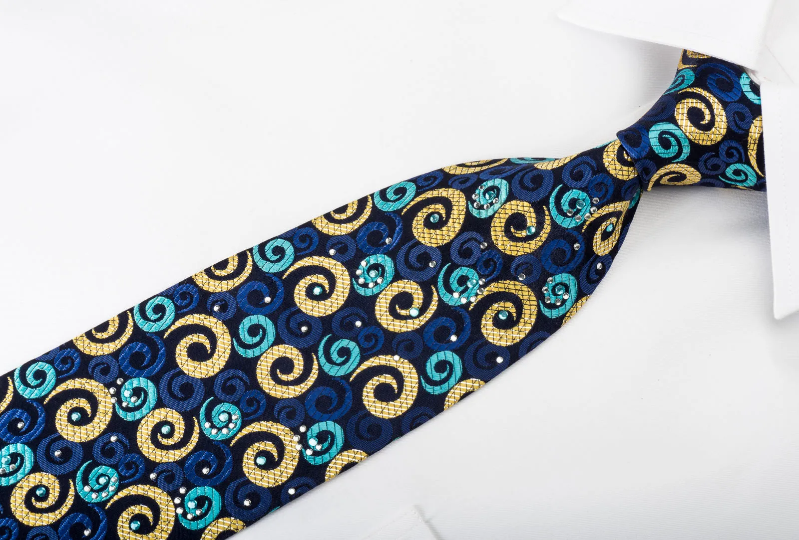 Rogers Dail Men's Silk Necktie Spirals On Blue With Rhinestones & Sparkles