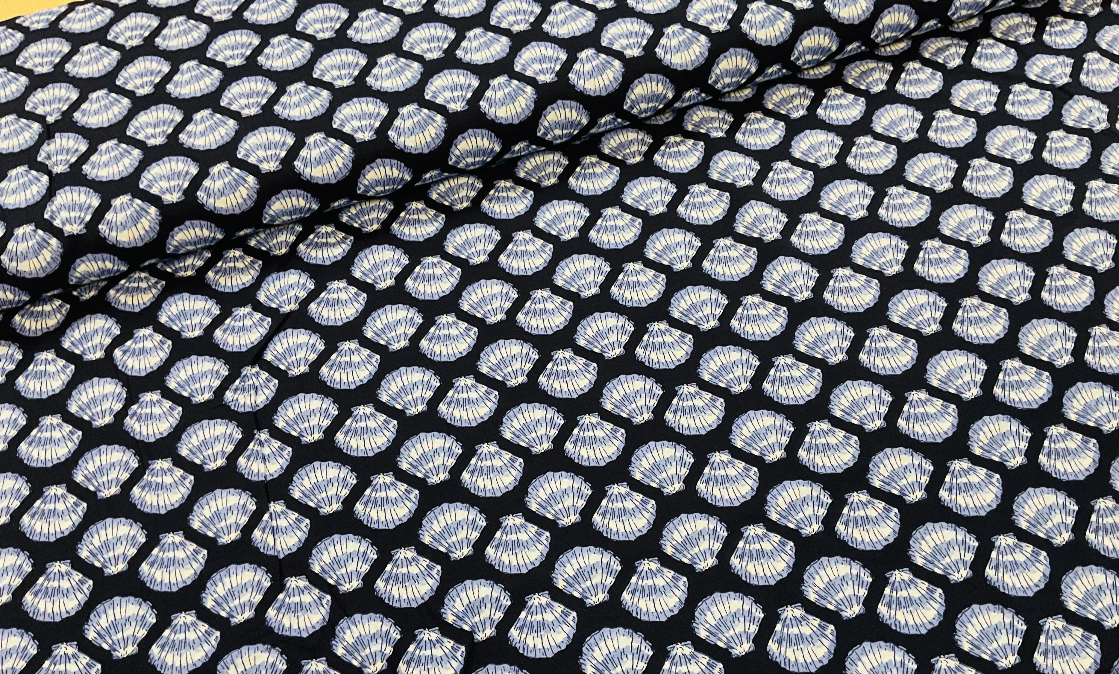 Scallop Shells on Navy Viscose Rayon Fabric