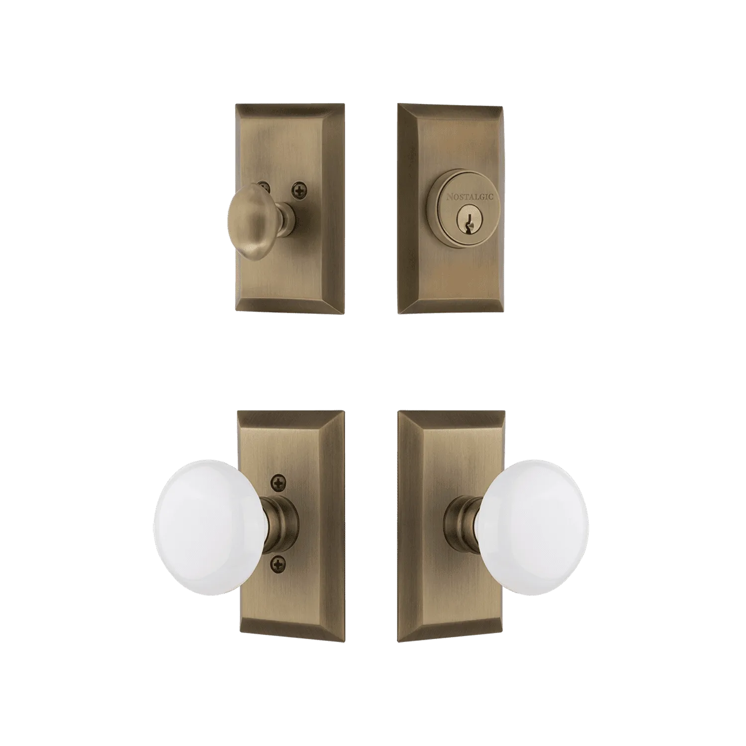 Studio Entry Set with White Porcelain Knob in Antique Brass