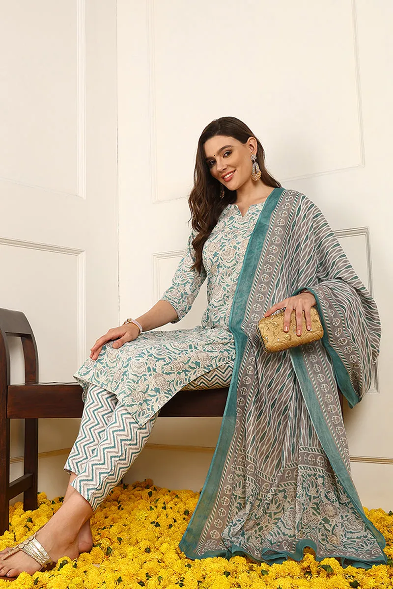 Teal Pure Cotton Floral Printed Straight Suit Set