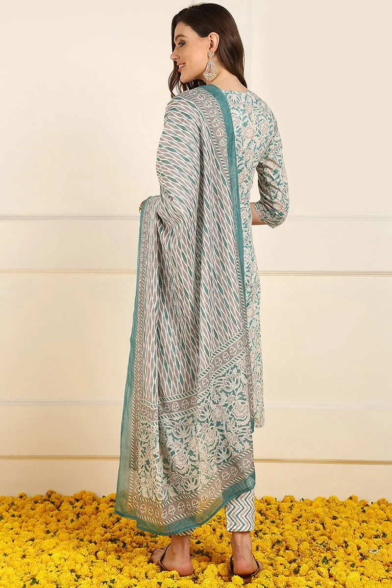 Teal Pure Cotton Floral Printed Straight Suit Set