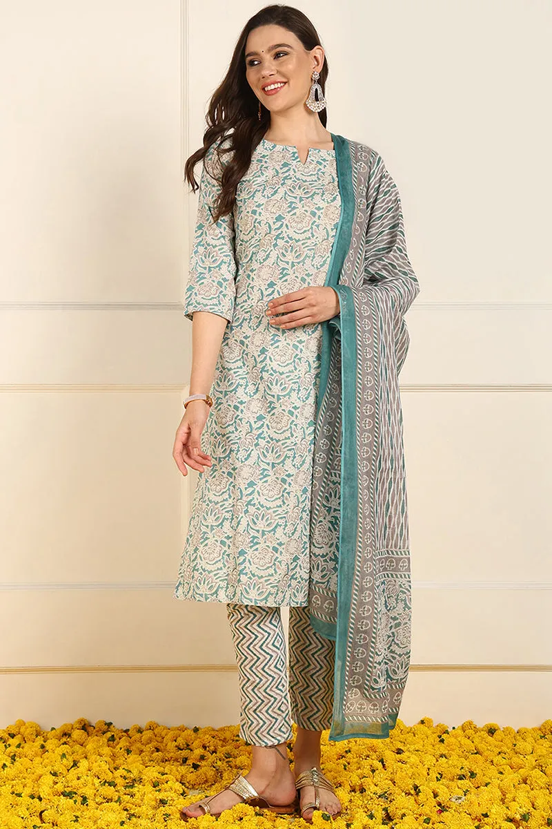 Teal Pure Cotton Floral Printed Straight Suit Set