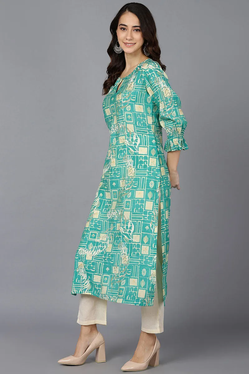 Turquoise Poly Silk A-Line Kurta