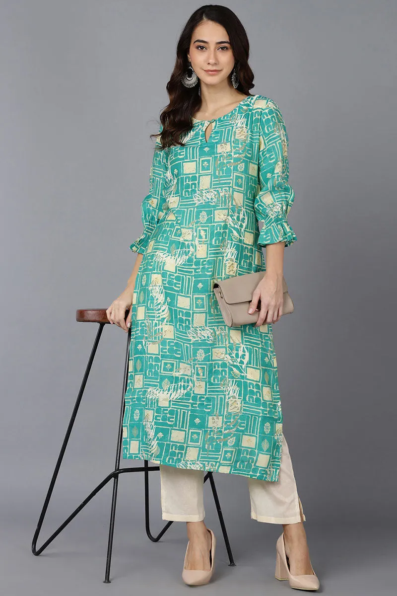 Turquoise Poly Silk A-Line Kurta