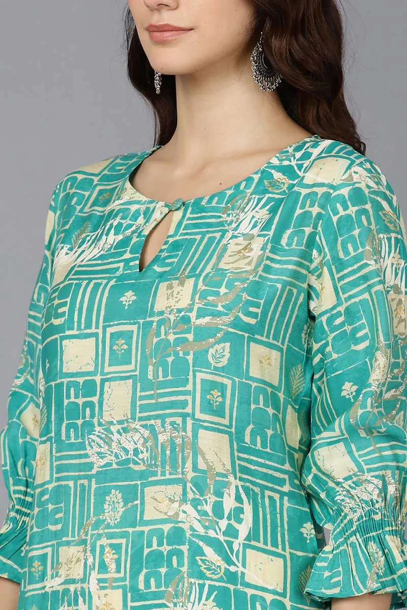 Turquoise Poly Silk A-Line Kurta