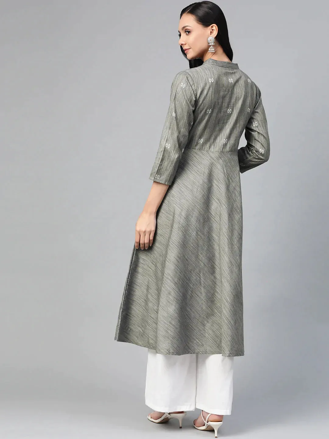 Women Grey Woven Design Flaired Kurta