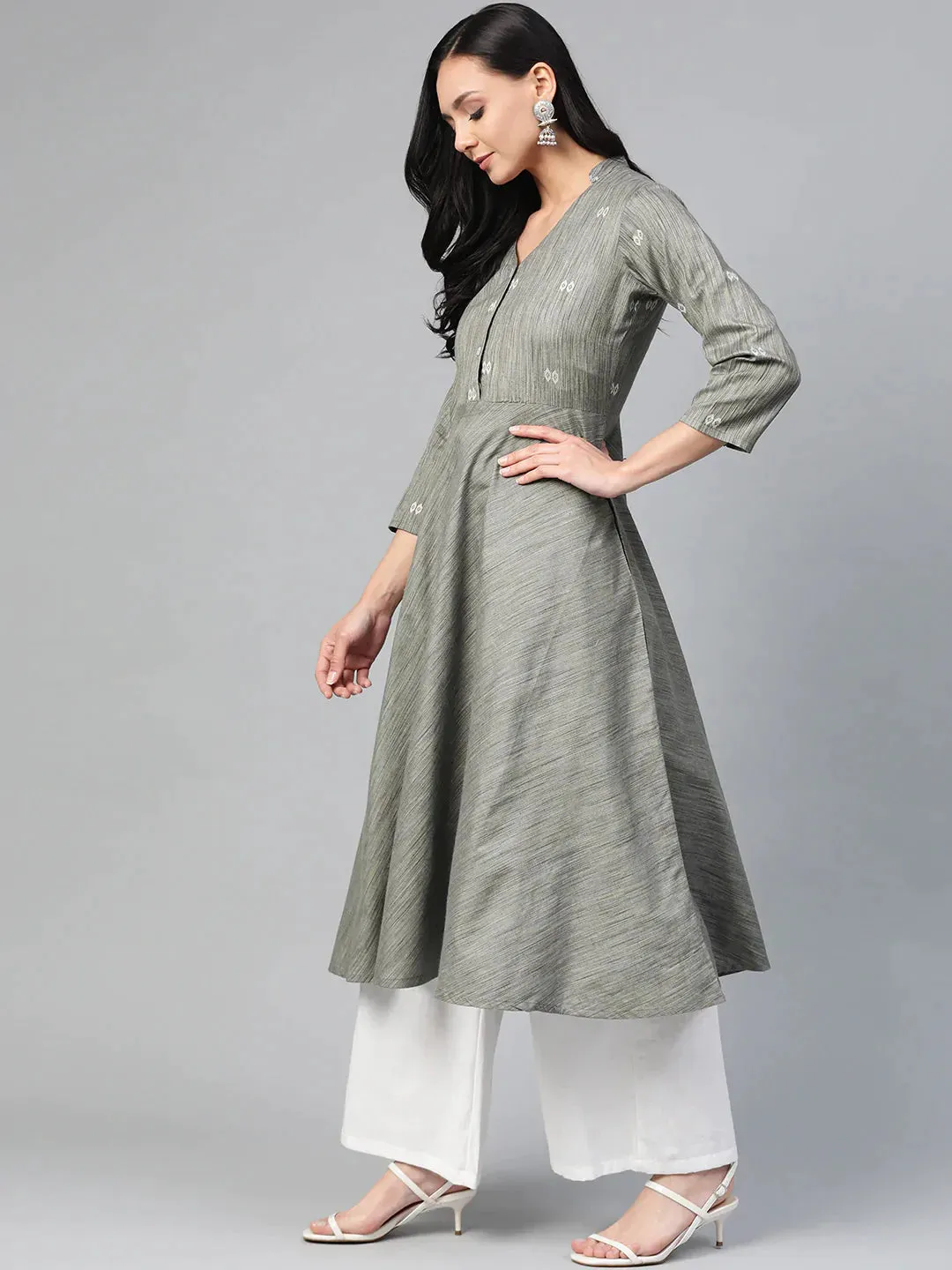 Women Grey Woven Design Flaired Kurta