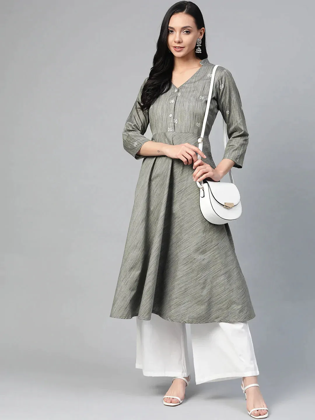 Women Grey Woven Design Flaired Kurta