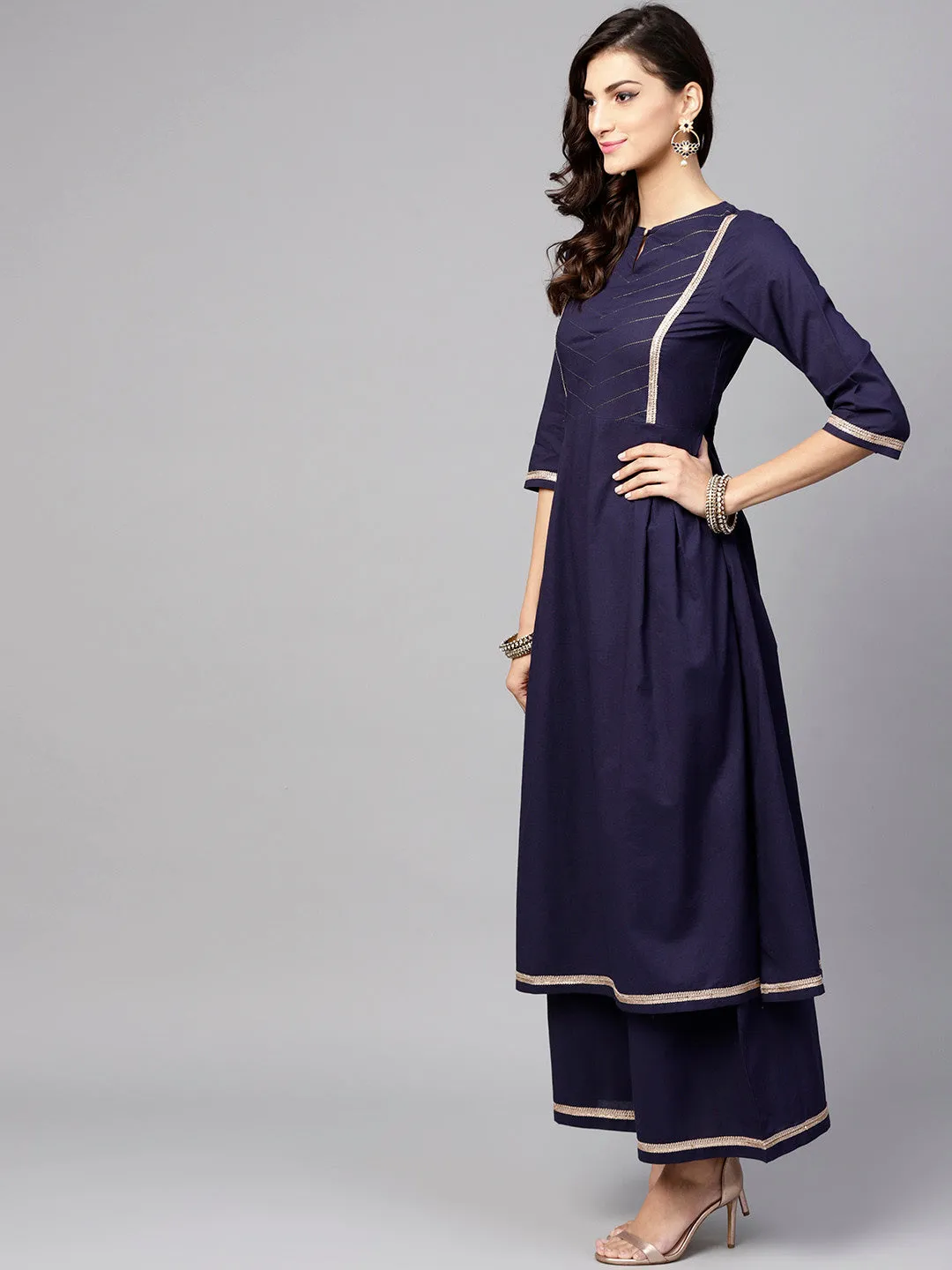 Women Navy Blue Solid Yoke Design Kurta With Palazzos