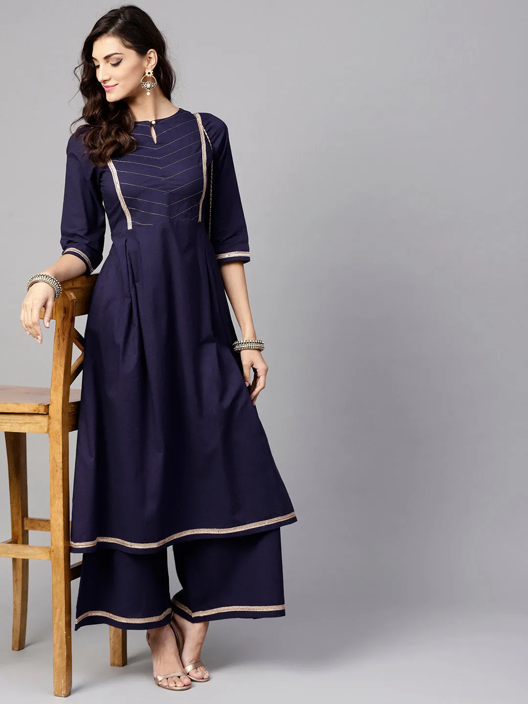 Women Navy Blue Solid Yoke Design Kurta With Palazzos