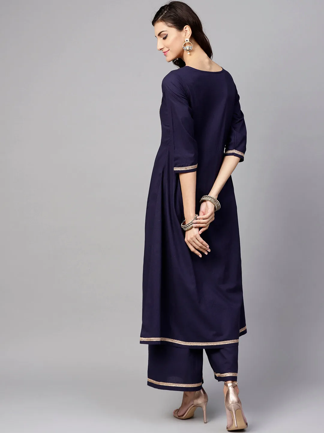 Women Navy Blue Solid Yoke Design Kurta With Palazzos