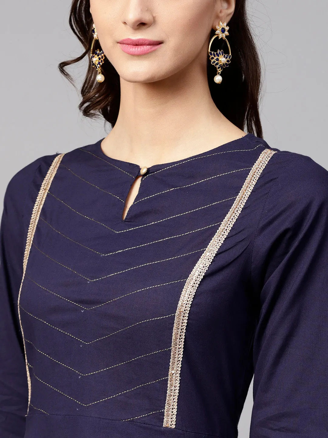 Women Navy Blue Solid Yoke Design Kurta With Palazzos