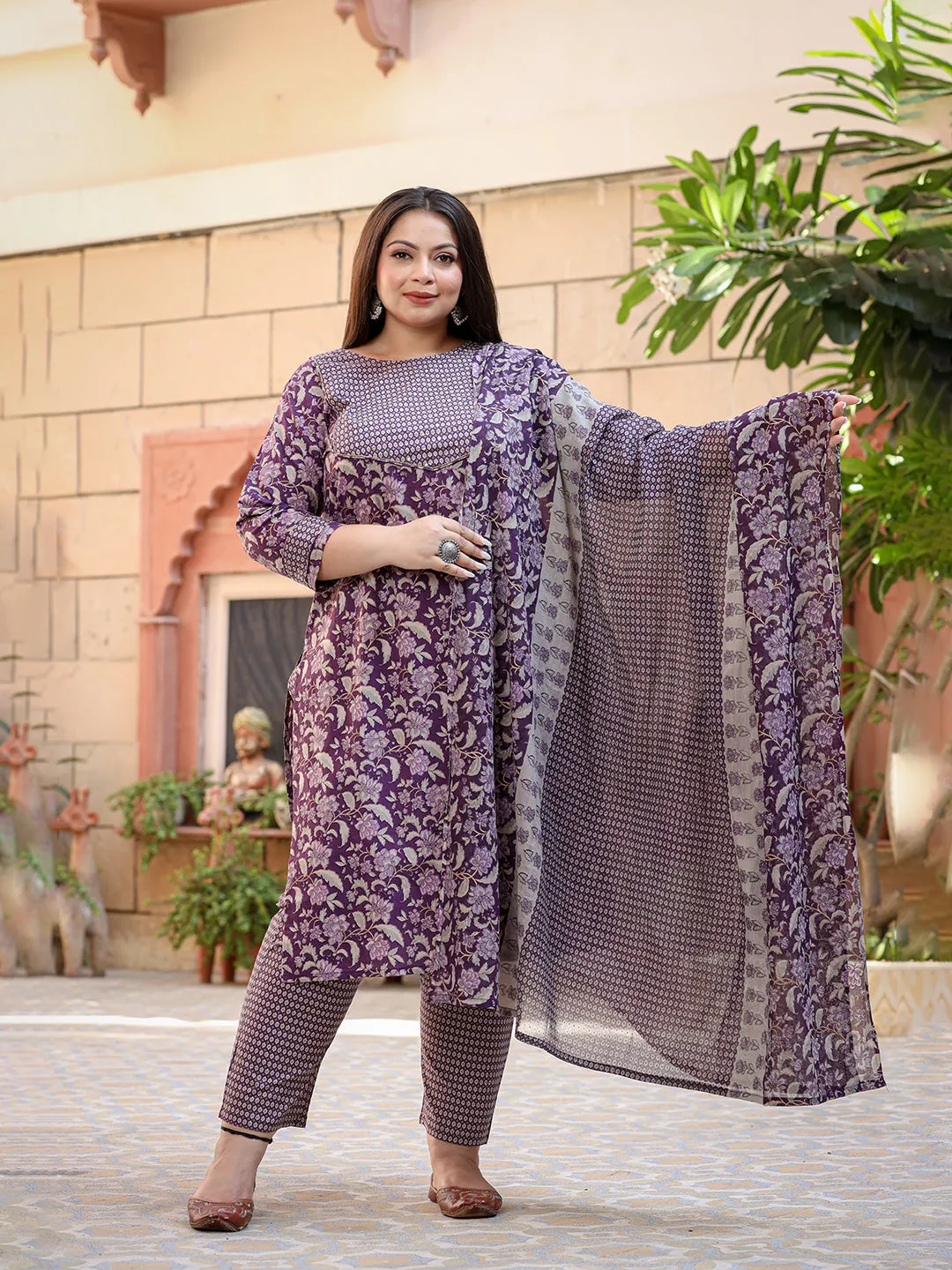 Women Plus Size Purple Pure Cotton Kurta Set With Dupatta