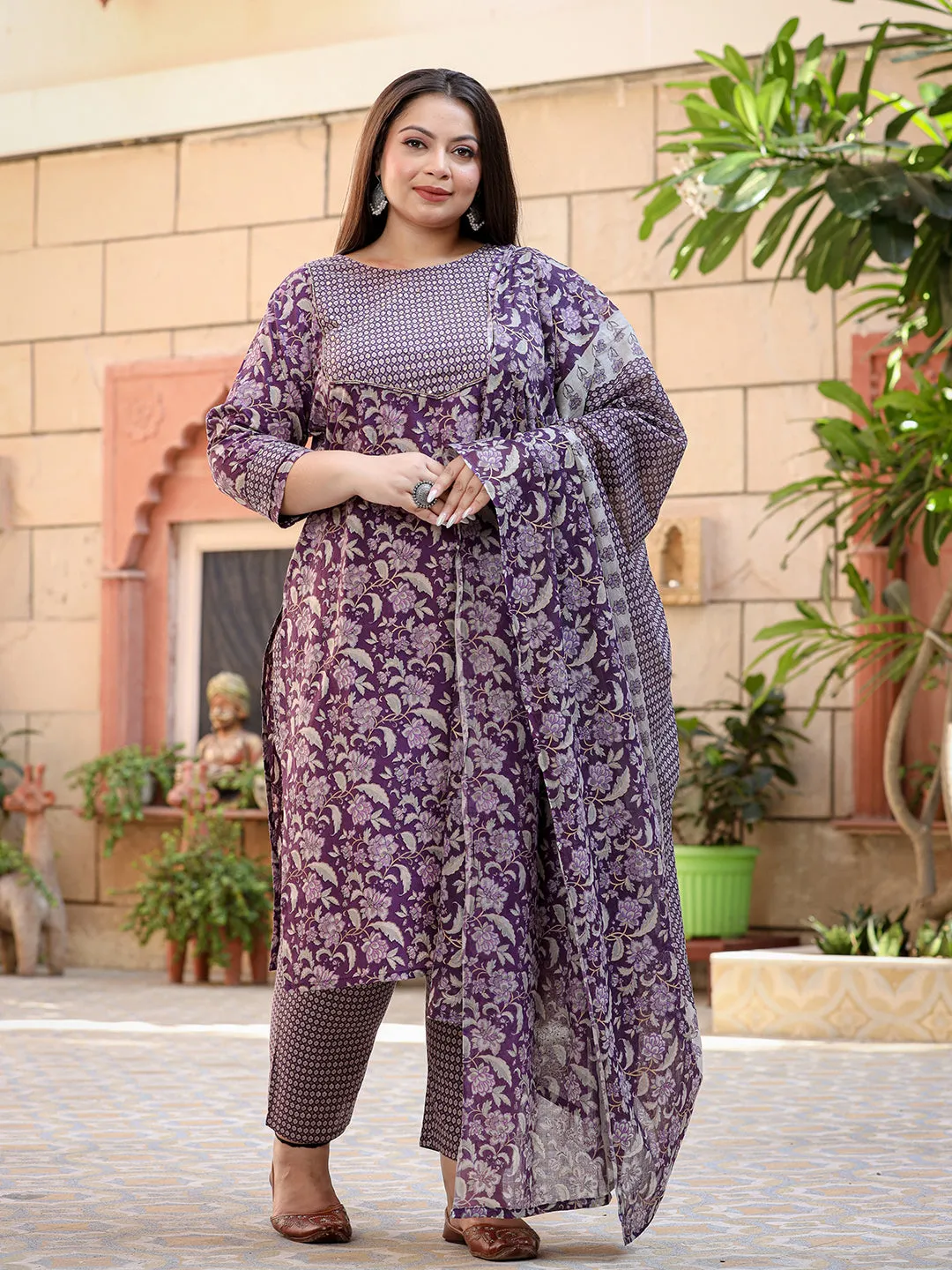 Women Plus Size Purple Pure Cotton Kurta Set With Dupatta
