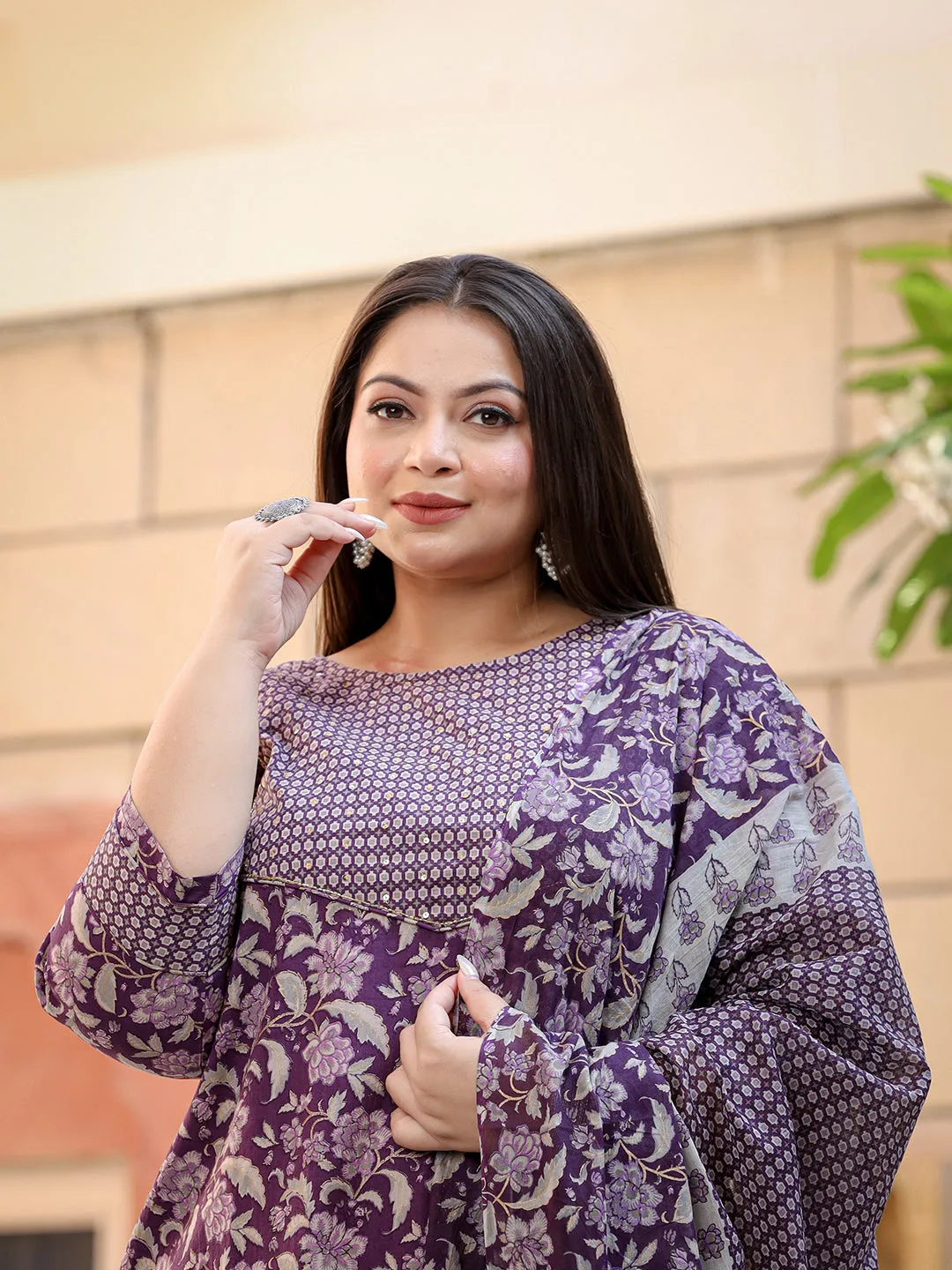 Women Plus Size Purple Pure Cotton Kurta Set With Dupatta