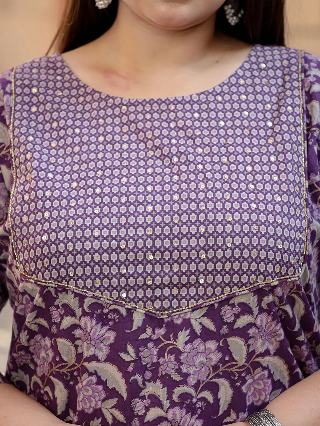 Women Plus Size Purple Pure Cotton Kurta Set With Dupatta