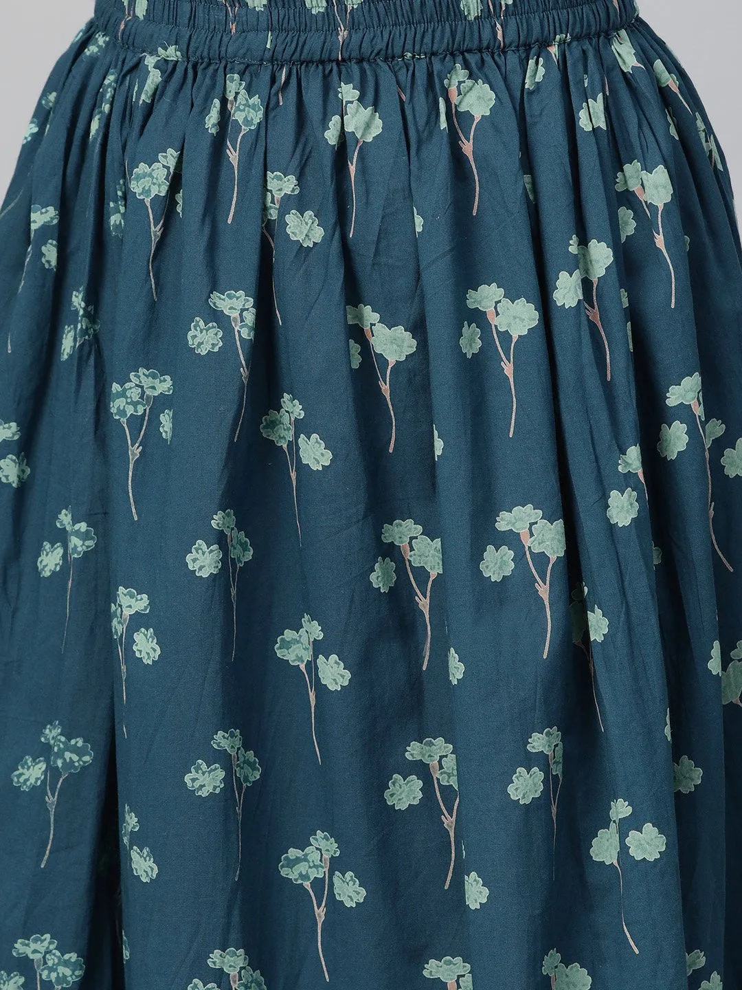 Women Teal & Navy Blue Straight Floral Printed Kurta And Skirt Set