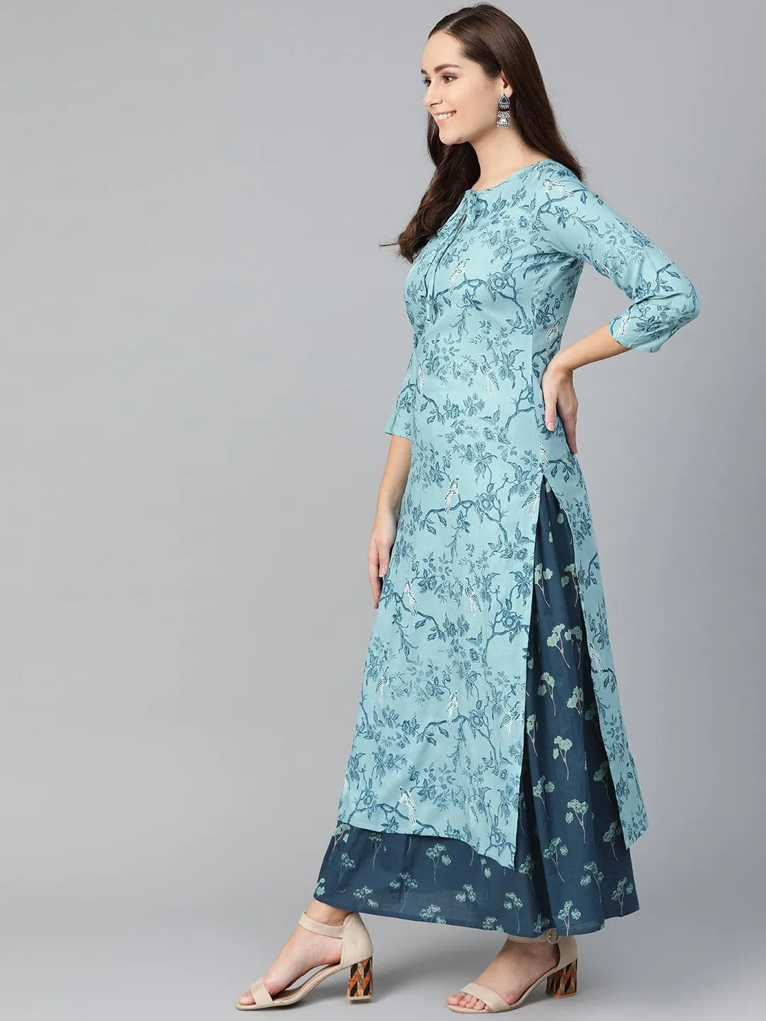 Women Teal & Navy Blue Straight Floral Printed Kurta And Skirt Set