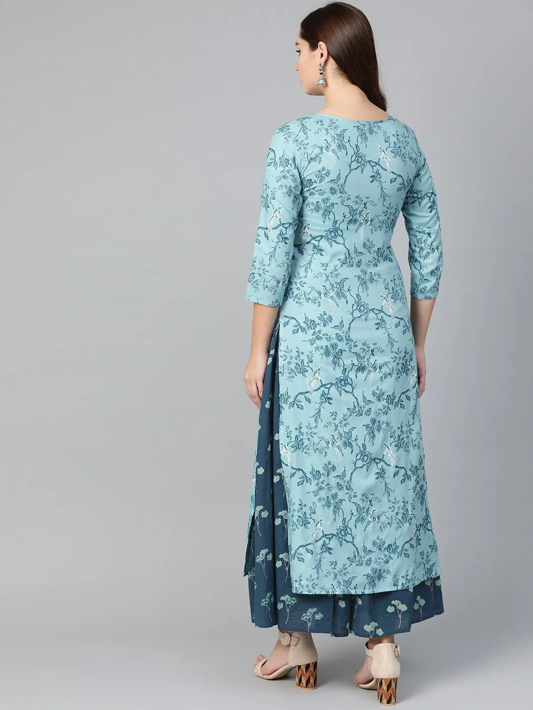 Women Teal & Navy Blue Straight Floral Printed Kurta And Skirt Set