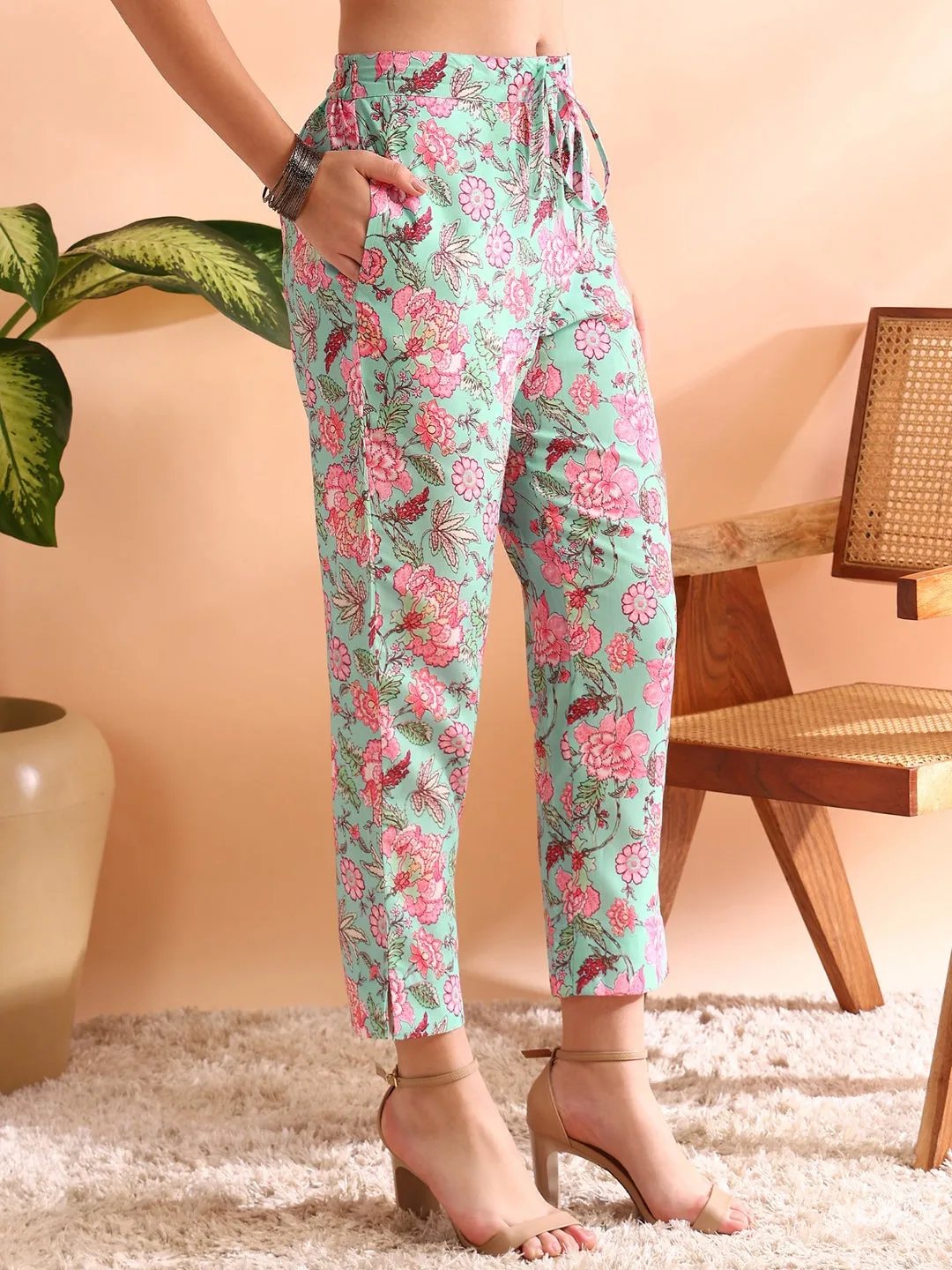 Women Turquoise Blue Poly Rayon Floral Printed Straight Kurta Trousers With Dupatta
