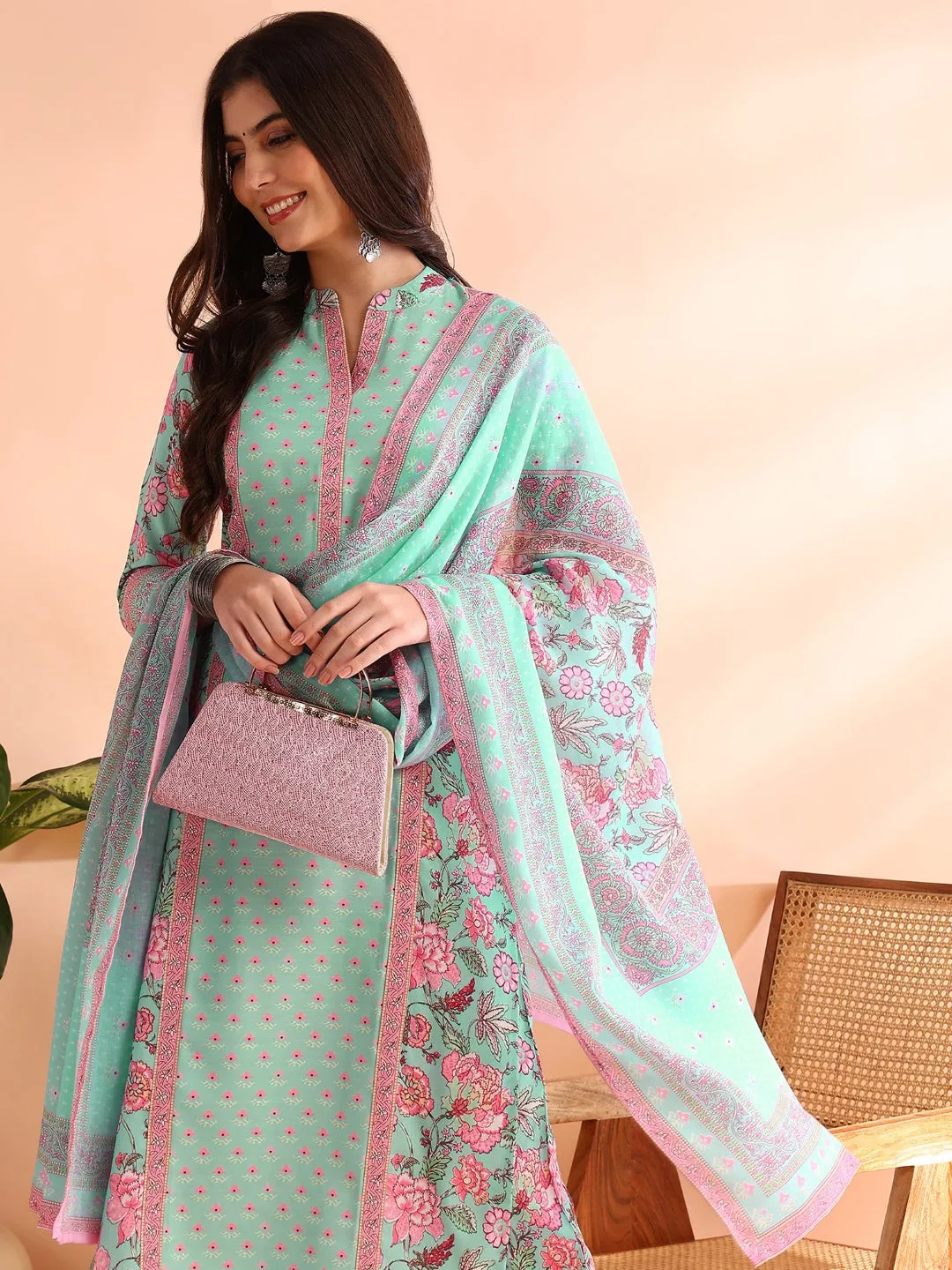 Women Turquoise Blue Poly Rayon Floral Printed Straight Kurta Trousers With Dupatta