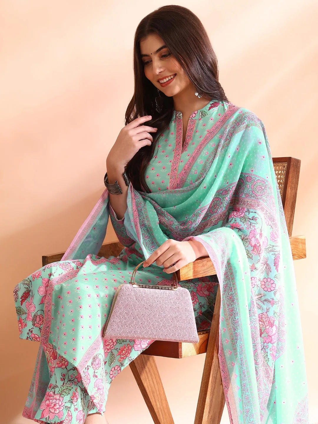 Women Turquoise Blue Poly Rayon Floral Printed Straight Kurta Trousers With Dupatta