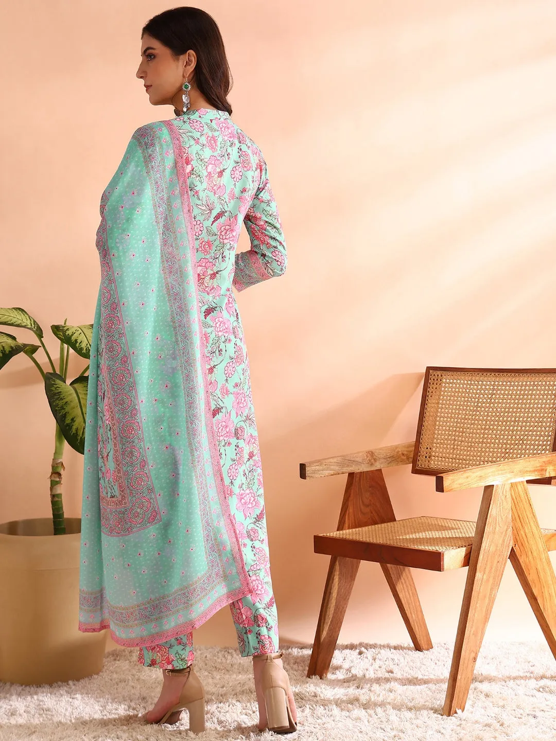 Women Turquoise Blue Poly Rayon Floral Printed Straight Kurta Trousers With Dupatta