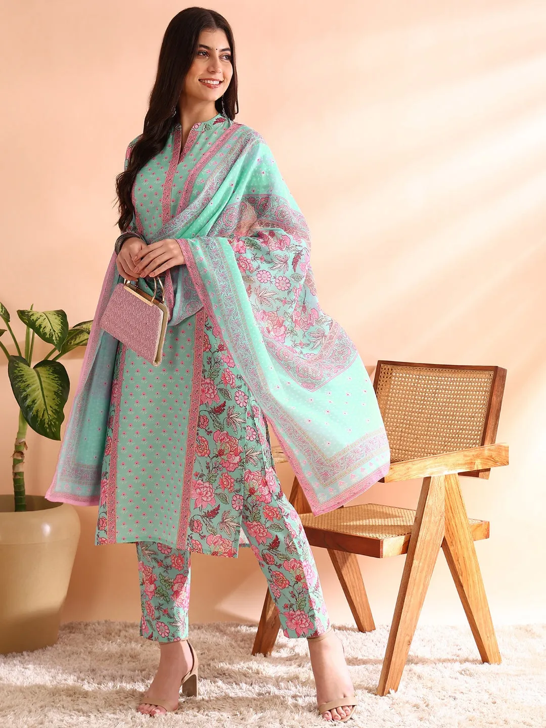 Women Turquoise Blue Poly Rayon Floral Printed Straight Kurta Trousers With Dupatta