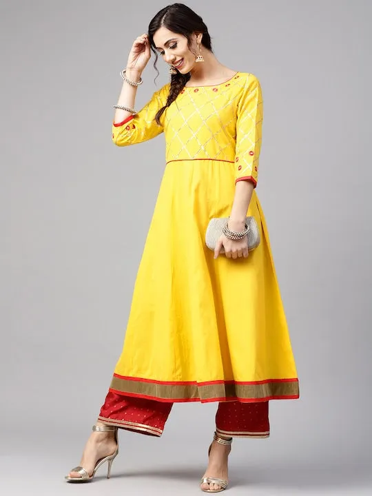 Women Yellow Yoke Design A-Line Kurta