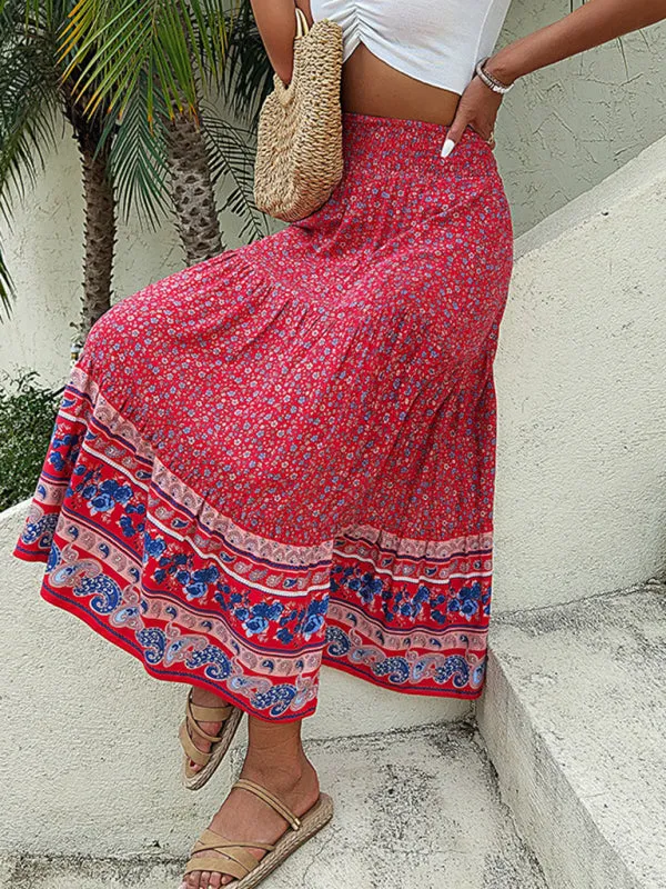 Women's Bohemian Print Pull-on Tiered Linen Blend Maxi Skirt