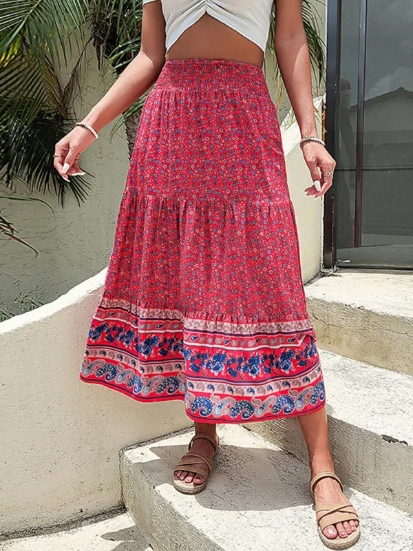 Women's Bohemian Print Pull-on Tiered Linen Blend Maxi Skirt
