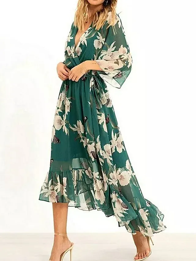 Women's Long Dress Maxi Dress Casual Dress Chiffon Dress Swing Dress Floral Fashion Streetwear Outdoor Daily Holiday Ruffle High Low dress 3/4 Length Sleeve V Neck Dress Regular Fit Green Summer
