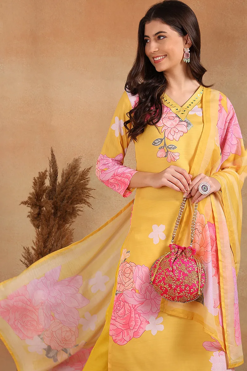 Yellow Cotton Blend Floral Printed Straight Trouser Suit Set