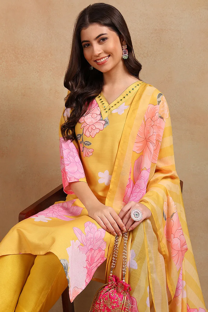 Yellow Cotton Blend Floral Printed Straight Trouser Suit Set