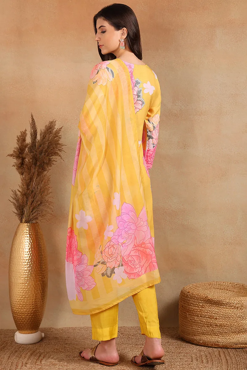 Yellow Cotton Blend Floral Printed Straight Trouser Suit Set