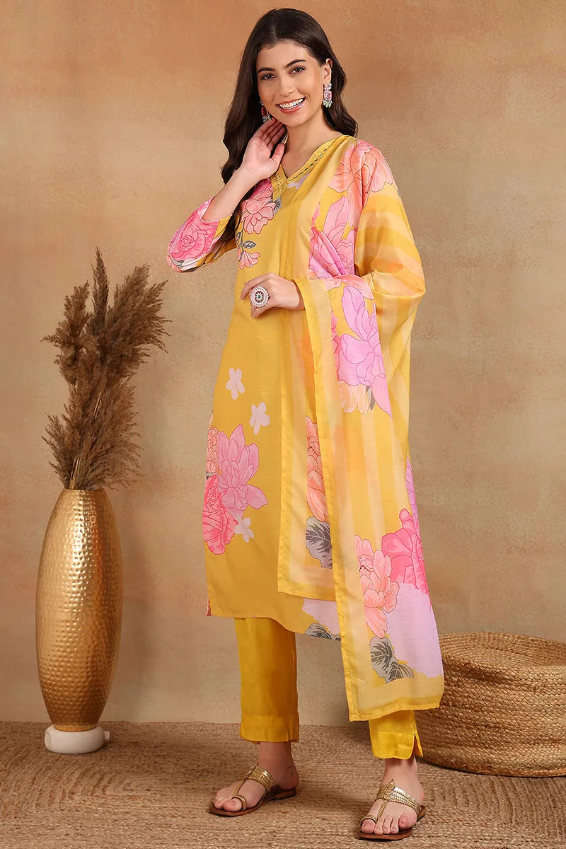 Yellow Cotton Blend Floral Printed Straight Trouser Suit Set