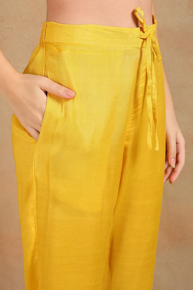 Yellow Cotton Blend Floral Printed Straight Trouser Suit Set